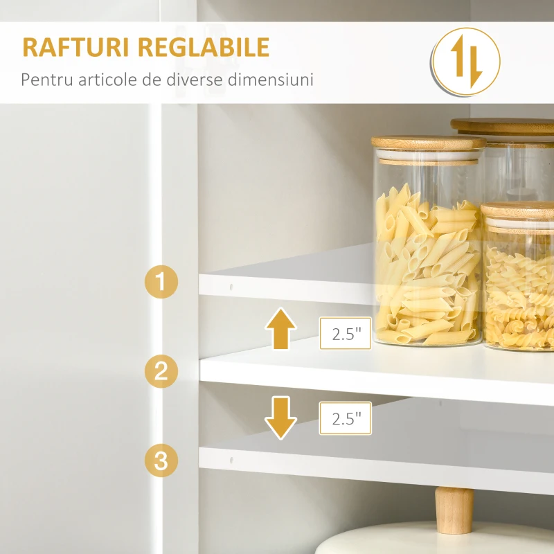 HOMCOM Bufet Înalt de Bucătărie cu Raft pentru Cuptor, Sertar, Uși de Sticlă și Rafturi Reglabile, 80x48x170 cm, Alb(m-7)