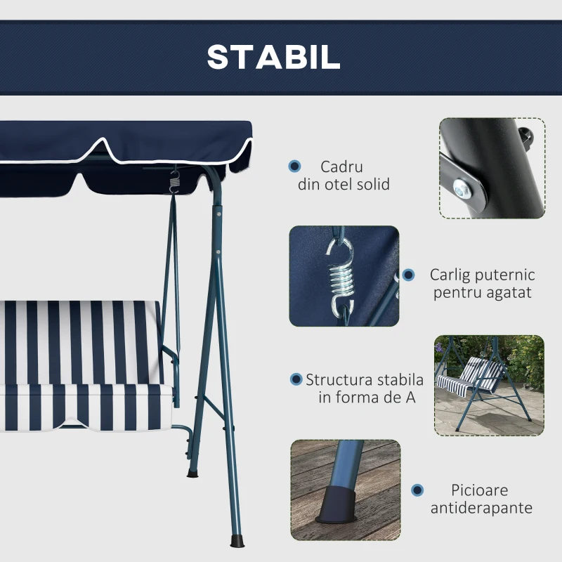 Outsunny Leagăn de Grădină cu 3 Locuri cu Acoperiș Solar, Balansoar în Aer Liber cu Structură din Oțel și Poliester, 172x110x153 cm, Alb și Albastru
