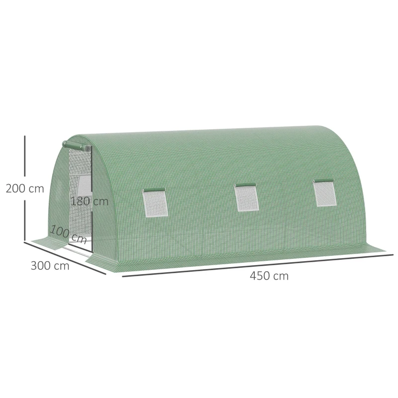 Outsunny Invernadero de Túnel 4,5x3x2 m con Paredes Laterales Enrollables 6 Ventanas de Malla y Puerta Enrollable Verde