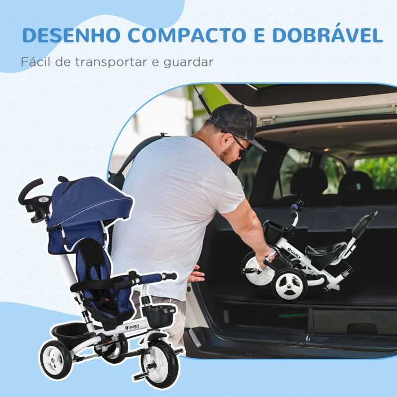 HOMCOM Triciclo para Bebés Dobrável 2 em 1 para Crianças com Toldo Dobrável Guiador Cinto de Segurança 112x50x104 cm Azul