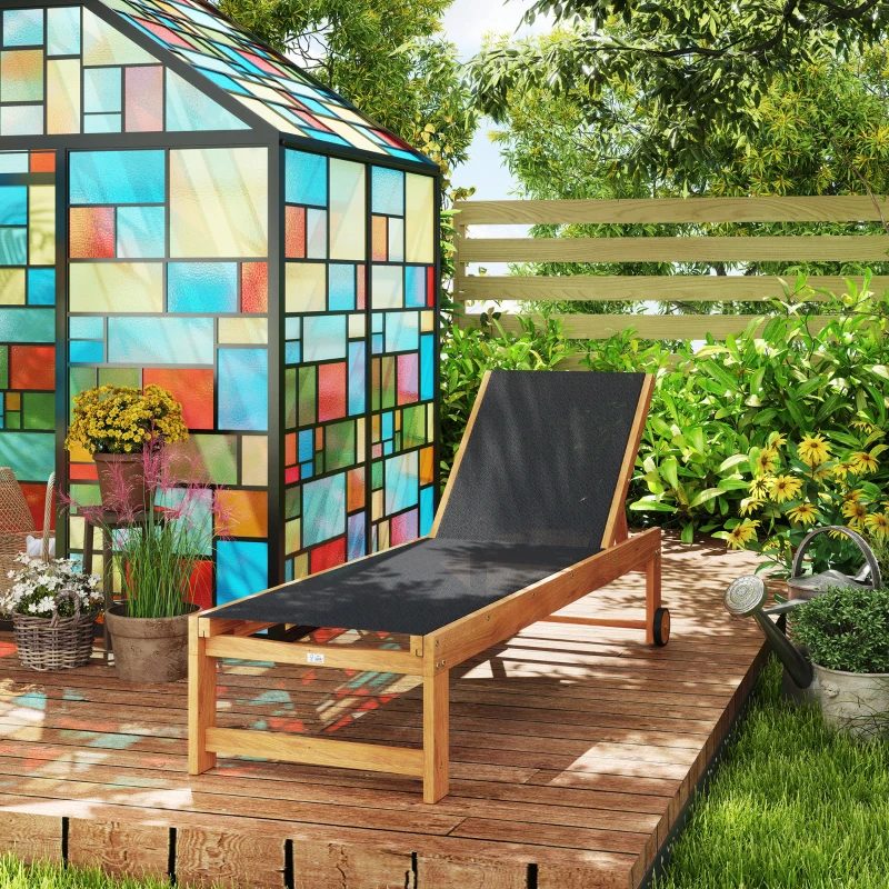 Outsunny Espreguiçadeira de Madeira Espreguiçadeira de Jardim com Rodas Encosto Ajustável em 4 Níveis 186x60x33 cm Teca e Preto