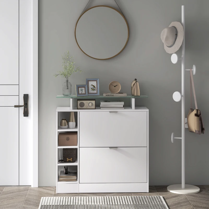 HOMCOM Sapateiro com Gavetas Basculantes, Prateleiras Ajustáveis e Prateleiras Abertas para 12 Pares de Sapatos 89x25x92 cm Branco