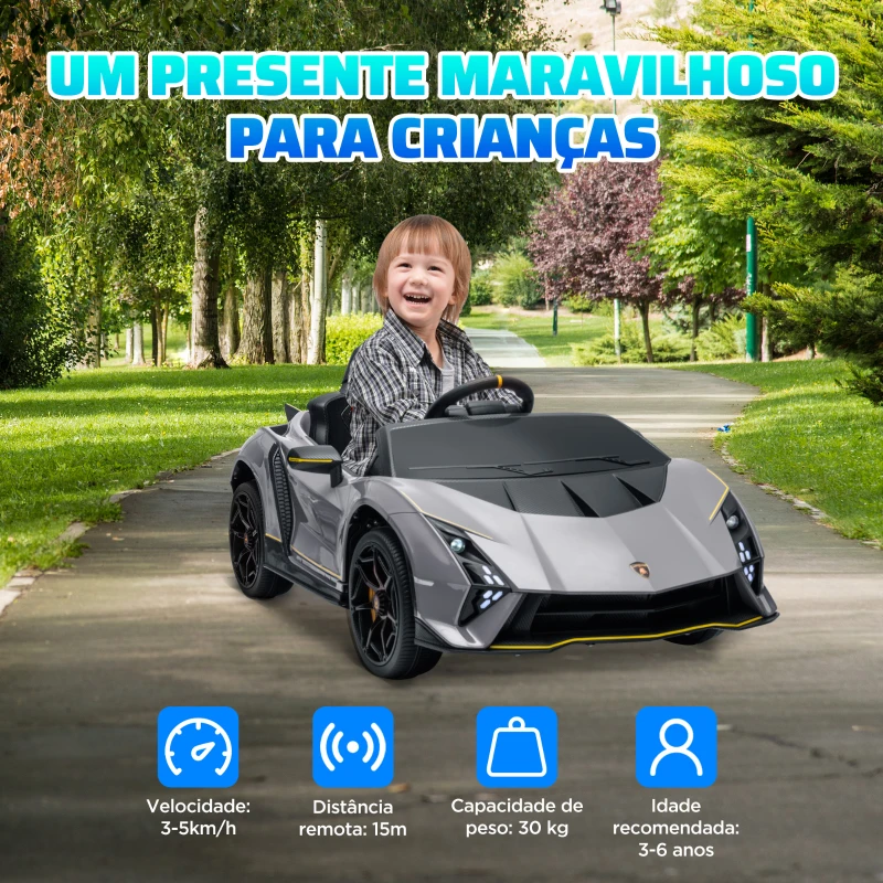 AIYAPLAY Carro Elétrico para Crianças Lamborghini 12V Controlo Remoto Faróis Buzina Arranque Lento e Música MP3 114,5x64x45,5 cm Cinza