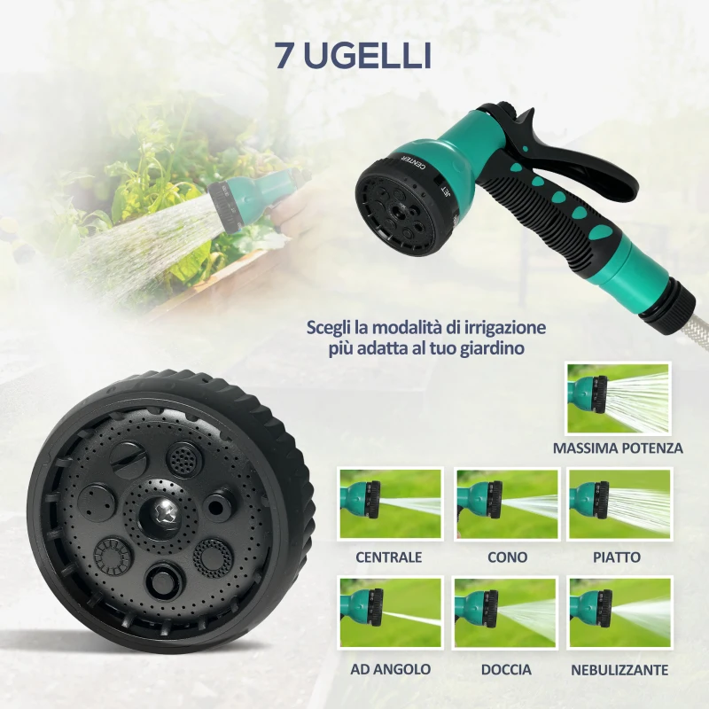 Outsunny Avvolgitubo Automatico a Parete e Portatile Lunghezza 30+2 m, Sistema di Blocco e 7 Getti, Verde