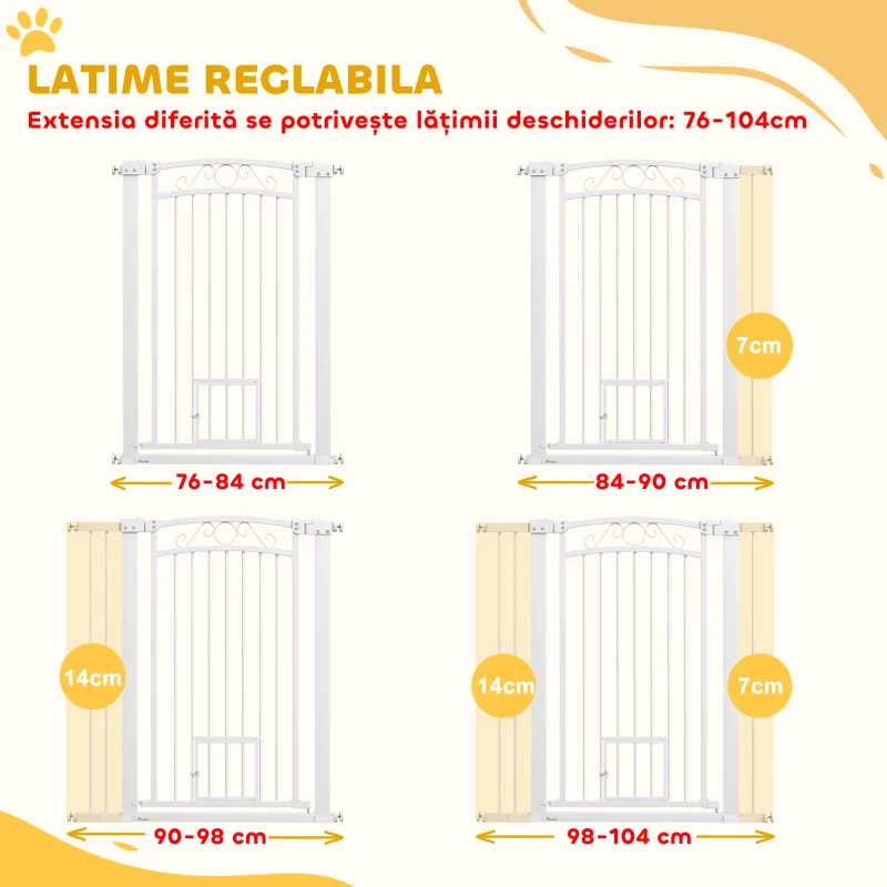 PawHut Ușă de Siguranță pentru Câini de Interior cu 2 Extensii și Ușiță pentru Pisici, 76-104x77 cm, Alb