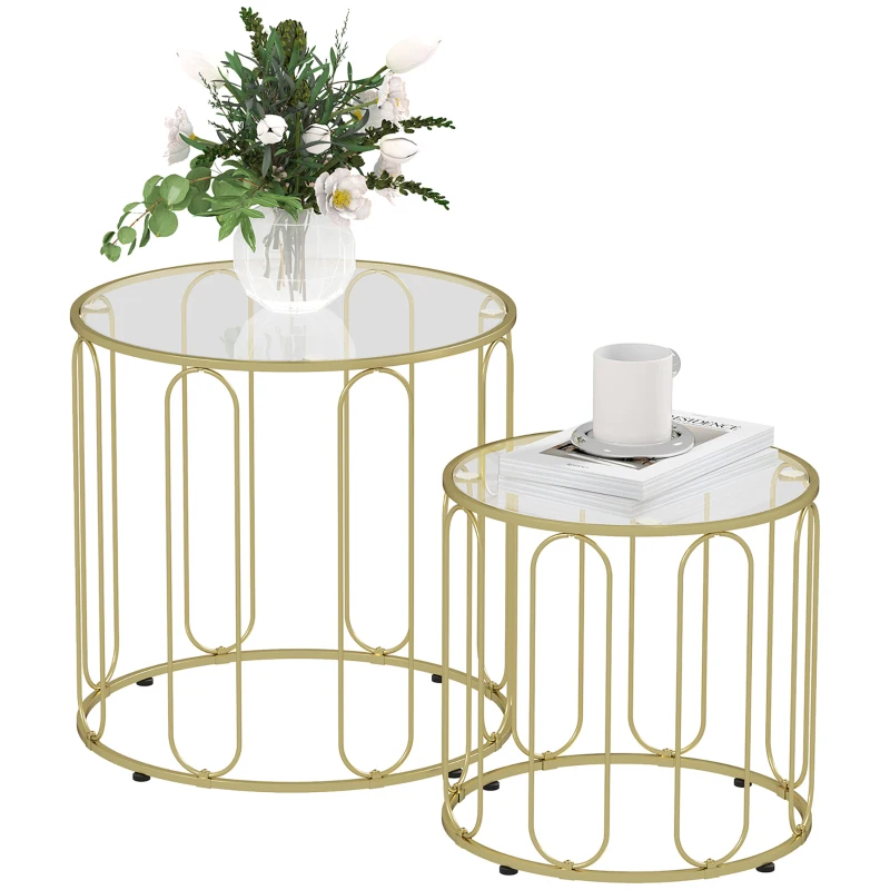 HOMCOM Conjunto de 2 Mesas Auxiliares Tipo Nido con Estructura de Metal y Encimera de Cristal Ø50x50 cm y Ø40x40 cm Dorado