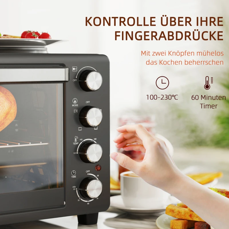 HOMCOM 28 L Mini Piekarnik, Kompaktowy Piekarnik do Gotowania i Grillowania, Elektryczny Piec z Blachą, Rusztem, 2600W - Czarny
