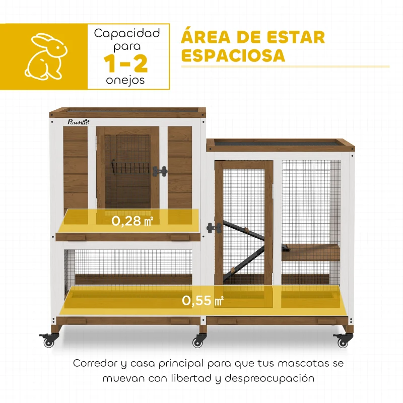PawHut Conejera de Madera de 2 Niveles Jaula para Conejos con Ruedas Escaleras y Bandejas Extraíbles 110x50x86 cm Marrón