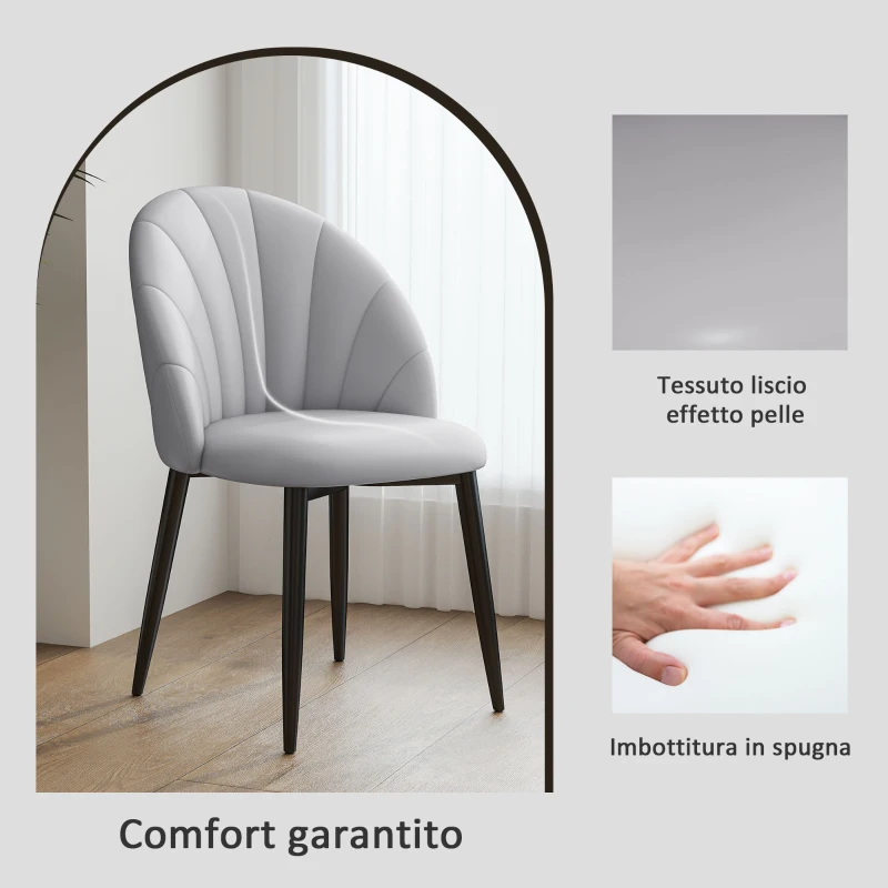 HOMCOM Set 2 Sedie da Pranzo in Pelle PU con Gambe in Metallo e Schienale a Conchiglia, Grigio Chiaro
