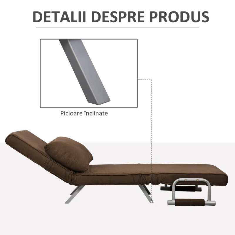 HOMCOM Fotoliu Pat Individual 3 în 1 cu Spătar Reglabil pe 5 Nivele și Pernă, 65x69x80 cm, Maro