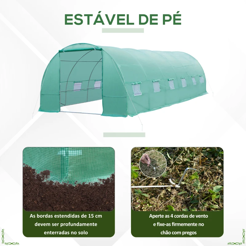 Outsunny Estufa tipo Túnel 8x3x2m Aço e PE 140 g/m² Estufa para Cultivo de Plantas Tomates Verduras com 12 Janelas e Porta Enroláveis Verde
