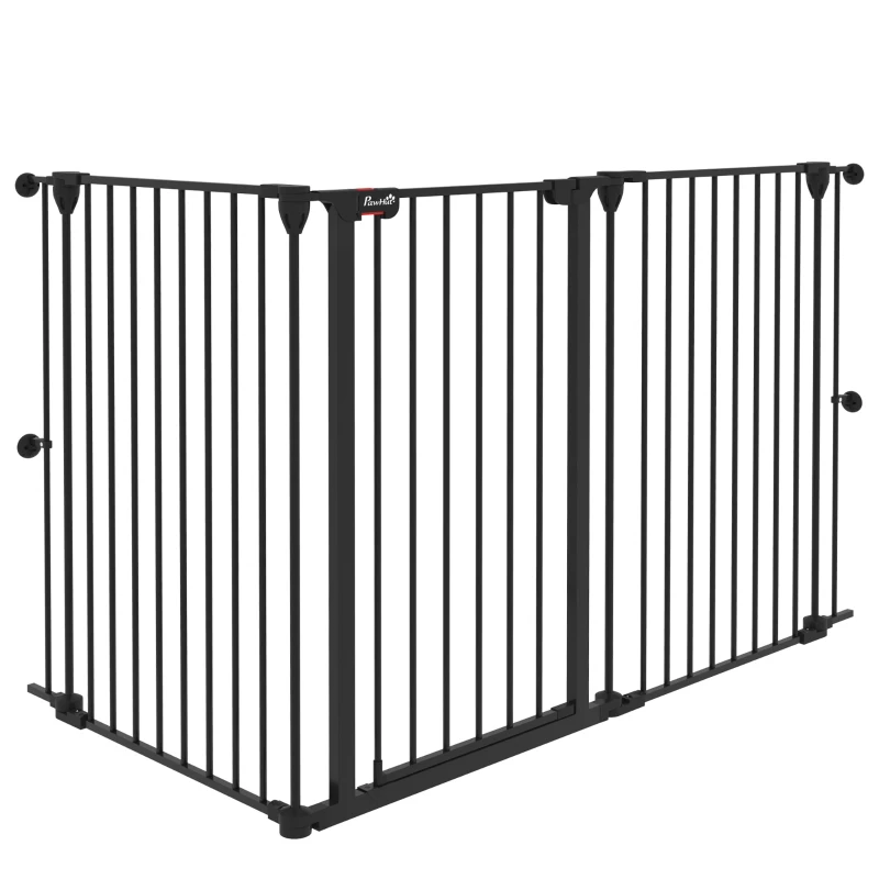 PawHut Poartă pentru Câini cu 3 Panouri și Sistem Dublu de Închidere, Barieră pentru Câini pentru Scări, Uși, Holuri, 206x90 cm, Negru