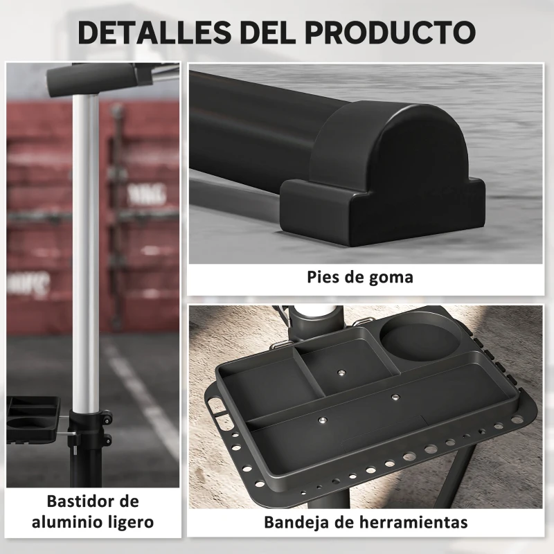 HOMCOM Soporte para Reparación de Bicicletas Ajustable con Bandeja Magnética y Altura Regulable 82x106x107-160 cm Negro