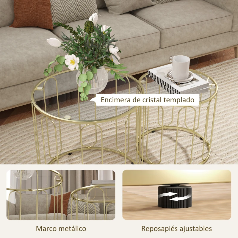 HOMCOM Conjunto de 2 Mesas Auxiliares Tipo Nido con Estructura de Metal y Encimera de Cristal Ø50x50 cm y Ø40x40 cm Dorado