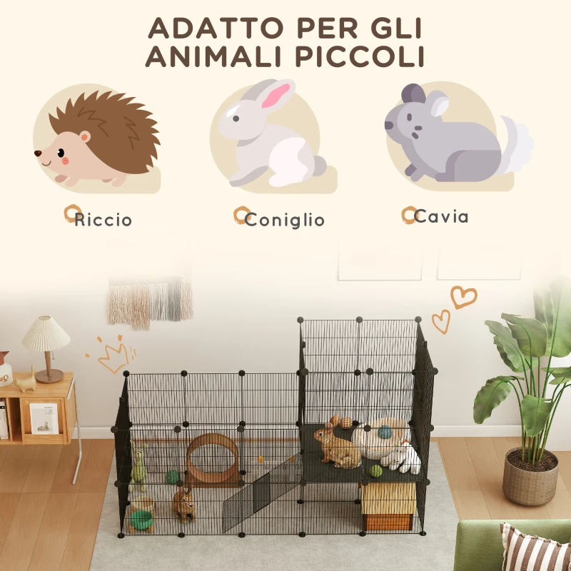 PawHut Recinto per Animali Modulabile e Multilivello con 39 Pannelli, in Acciaio e PP, 140x70x105 cm, Nero