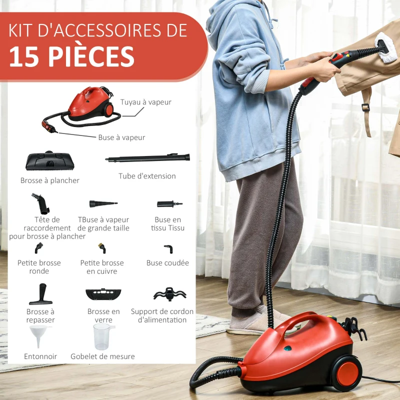 HOMCOM Nettoyeur vapeur 4 bar puissance 2000W avec réservoir d'eau 2L, surface 150 m², 16 accessoires, rouge