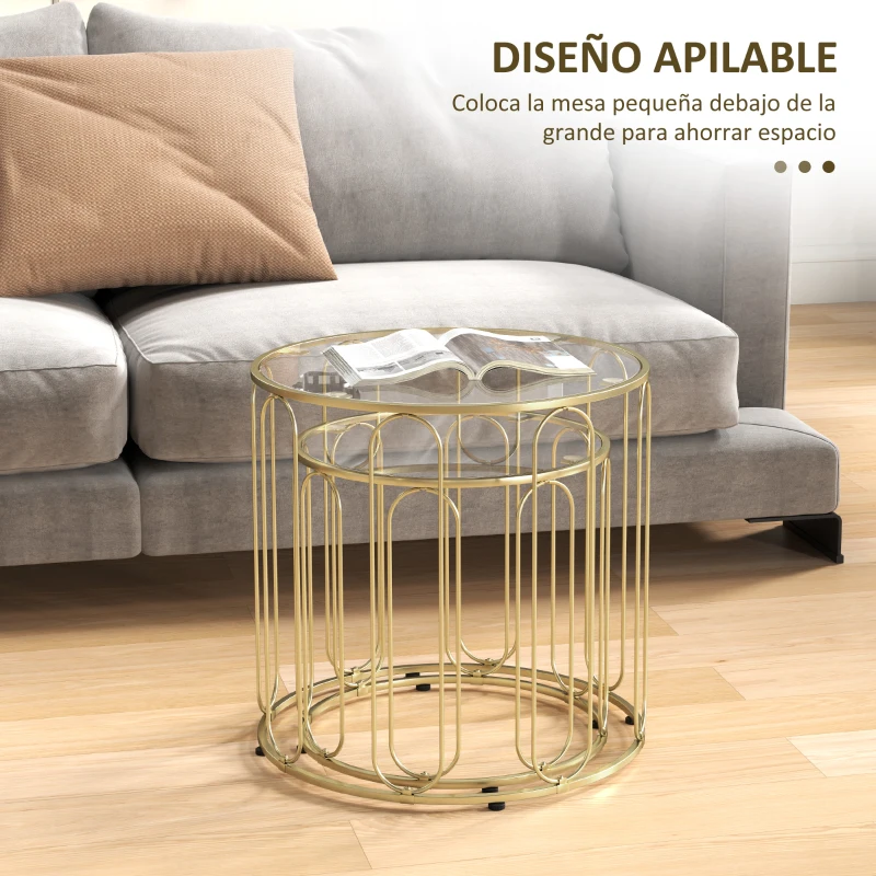 HOMCOM Conjunto de 2 Mesas Auxiliares Tipo Nido con Estructura de Metal y Encimera de Cristal Ø50x50 cm y Ø40x40 cm Dorado