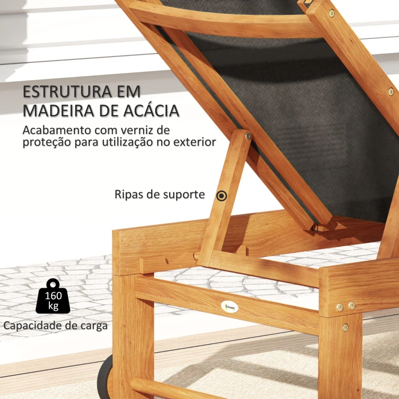 Outsunny Espreguiçadeira de Madeira Espreguiçadeira de Jardim com Rodas Encosto Ajustável em 4 Níveis 186x60x33 cm Teca e Preto