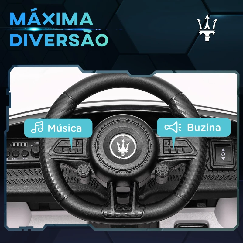 AIYAPLAY Carro Elétrico para Crianças Maserati Gran Turismo Folgore 12V Controlo Remoto Faróis Buzina e Música MP3 98x59x43 cm Branco