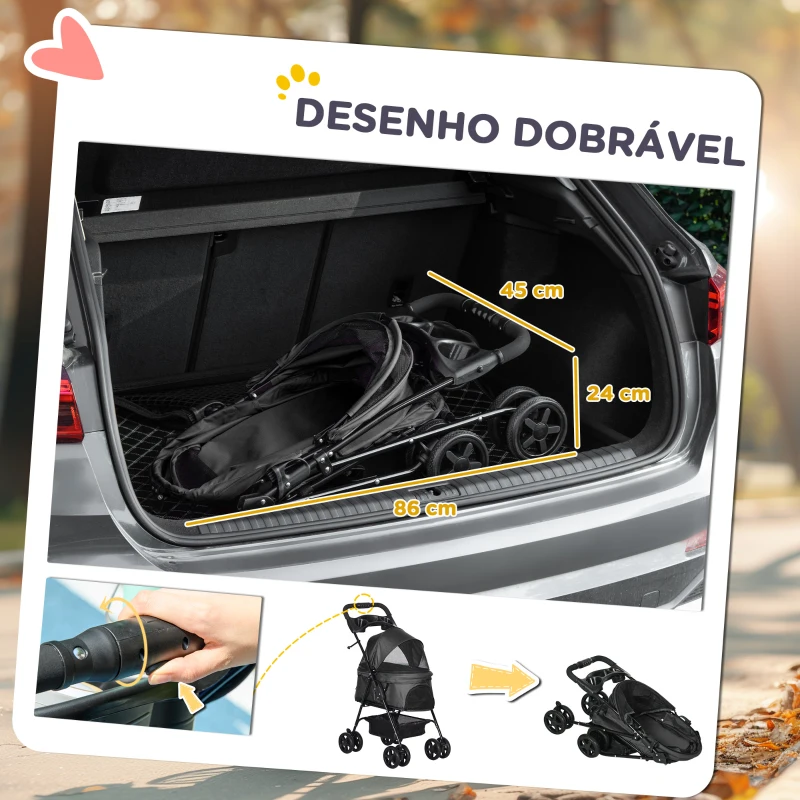 PawHut Carrinho para Cães Dobrável com Rodas Universáis Cesta de Armazenamento Correias de Segurança e Janelas 67x45x96 cm Preto