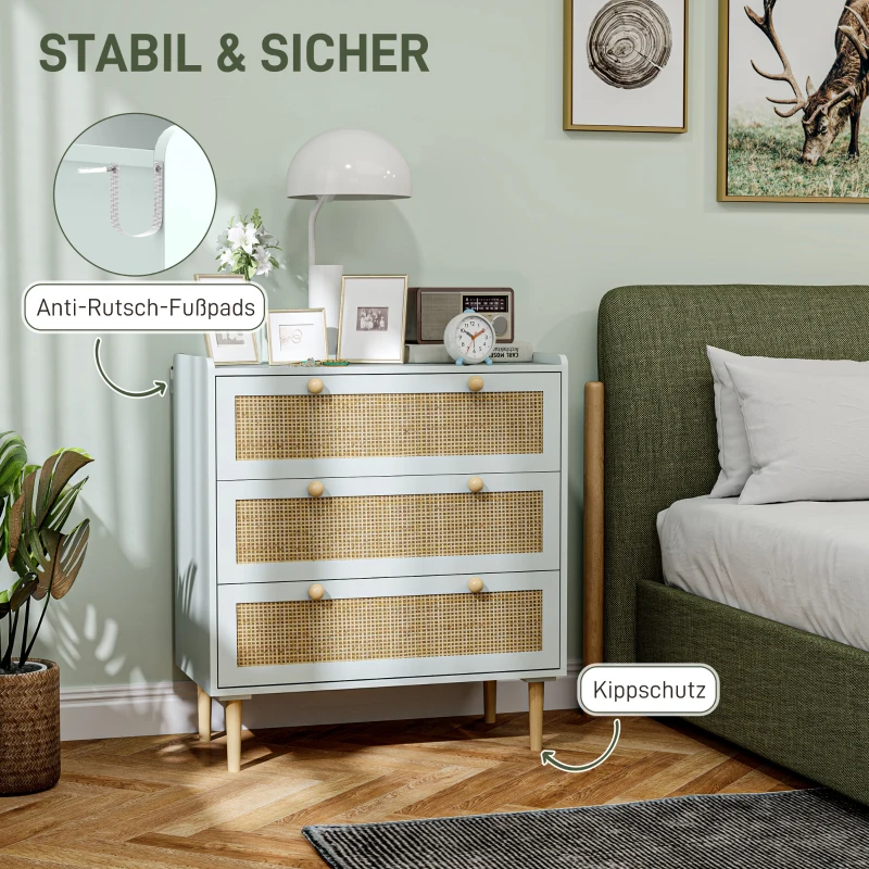 HOMCOM Slaapkamerkast met 3 Laden, Rotan Fronten, Klerenkast voor Gang, Entreegebied, MDF, Lichtblauw