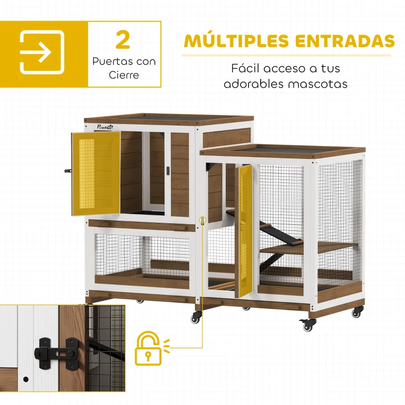 PawHut Conejera de Madera de 2 Niveles Jaula para Conejos con Ruedas Escaleras y Bandejas Extraíbles 110x50x86 cm Marrón