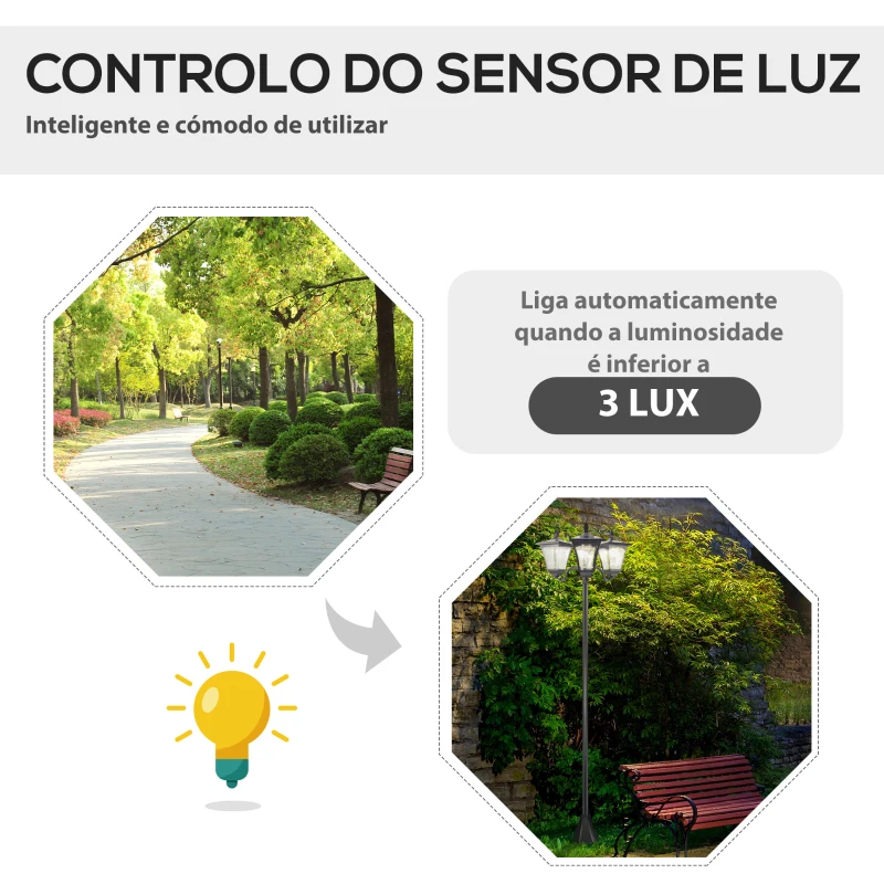 Outsunny Candeeiro Solar de Jardim com 3 Luzes LED Impermeável IP44 Sensor de Noite Candeeiro de Exterior 51,5x47x182,5cm Preto