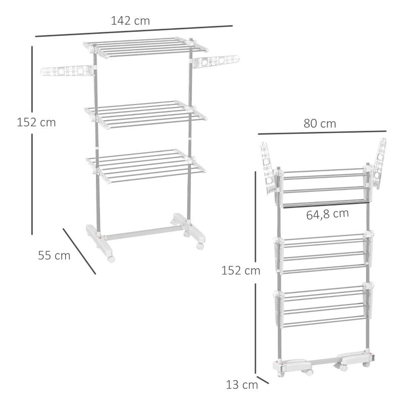 HOMCOM Séchoir à linge étendoir pliable ailes latérales utilisation intérieure et extérieure 142 x 55 x 152 cm 3 niveaux blanc