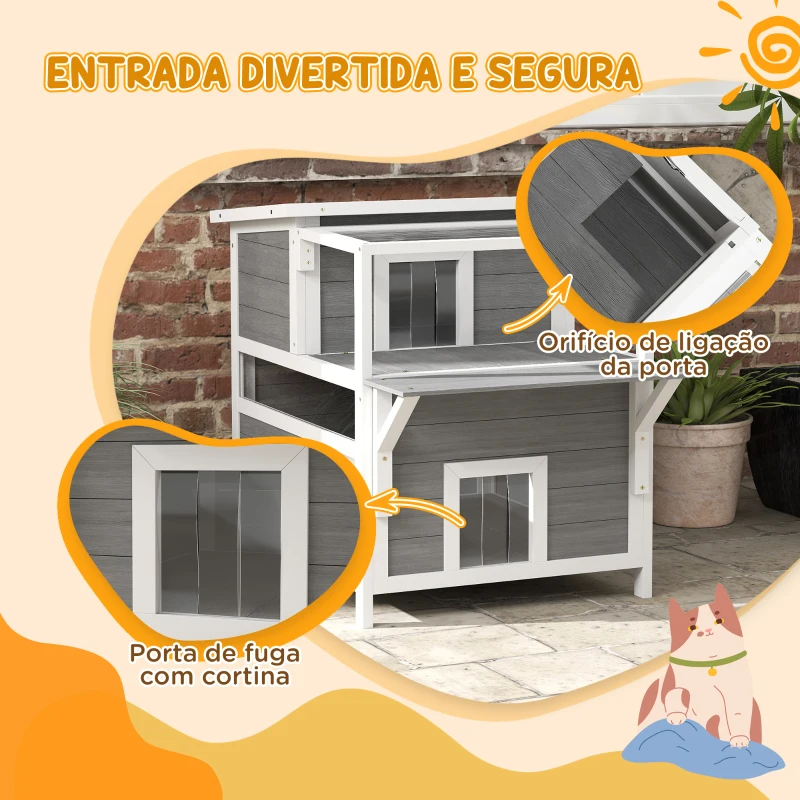 PawHut Casa para Gatos de Madeira 64x87x76 cm de 2 Níveis com Teto Asfáltico Janela e Porta com Cortina 64x87x76 cm Cinza Claro