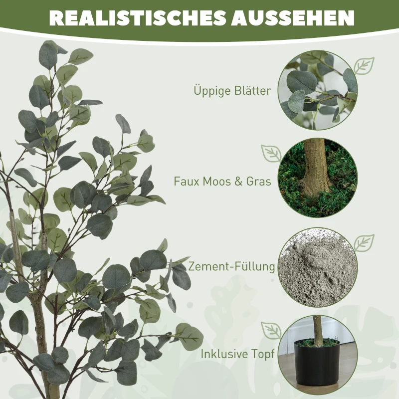 HOMCOM Künstliche Pflanze, Kunstbaum, naturgetreu, Zementtopf, wartungsfrei, Grün