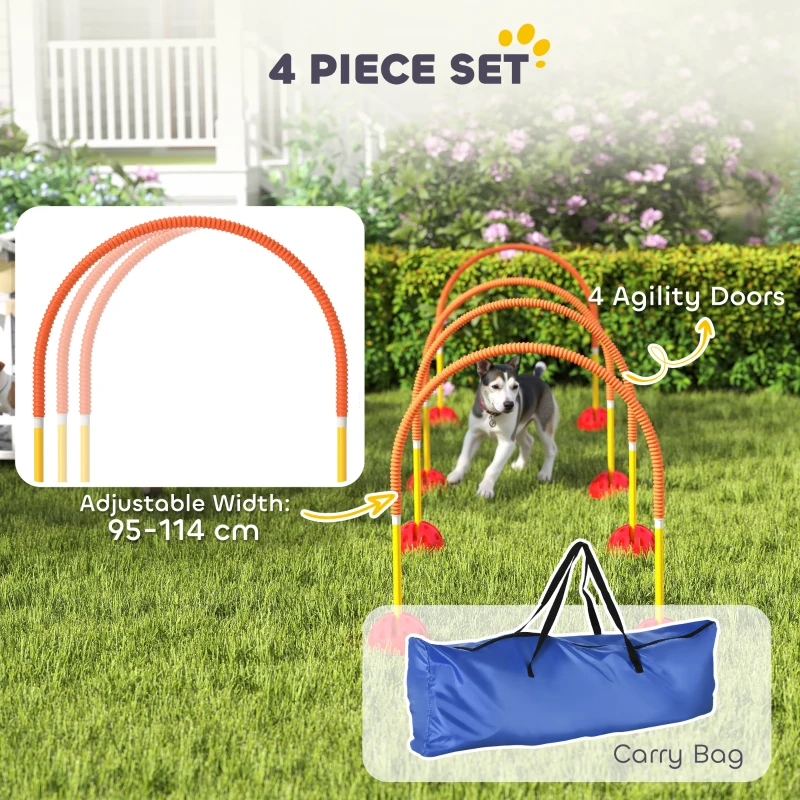 PawHut 4-Piece Dog Agility Training Equipment with 4 Adjustable Width Doors, Bag, for Garden, Orange