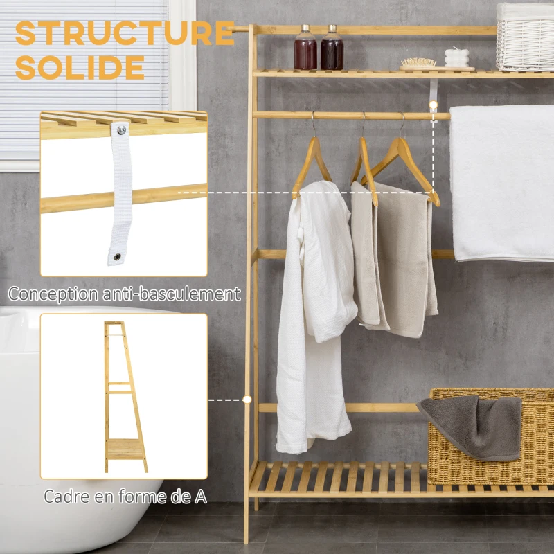 HOMCOM Portant à vêtements penderie porte-manteau avec 2 étagères 2 crochets et 1 barre de suspension en bambou