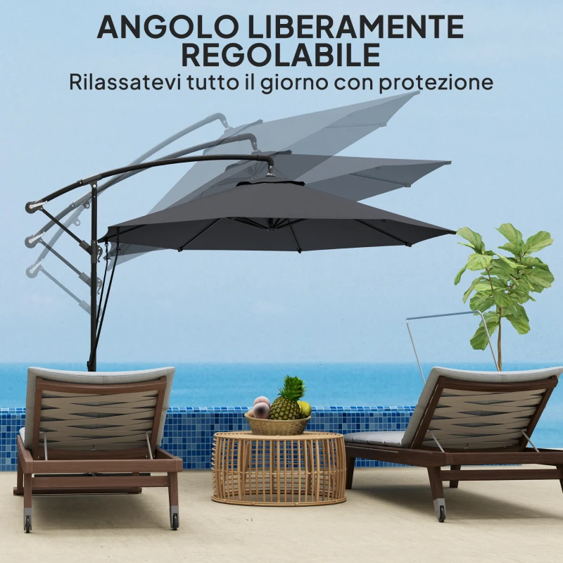 Outsunny Ombrellone da Giardino Rotondo Inclinabile e Girevole, Manovella e Protezione UPF 50+, Ø3 m, Grigio Scuro