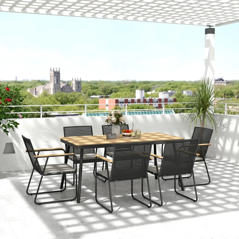 Outsunny 6 Seater Garden Dining Set with Soft Cushions, Rattan Backrest, Rectangular Plastic Top, Garden Furniture Set, Outdoor Dining Table and Chairs for Patio, Balcony, Poolside, Nature Wood Finish