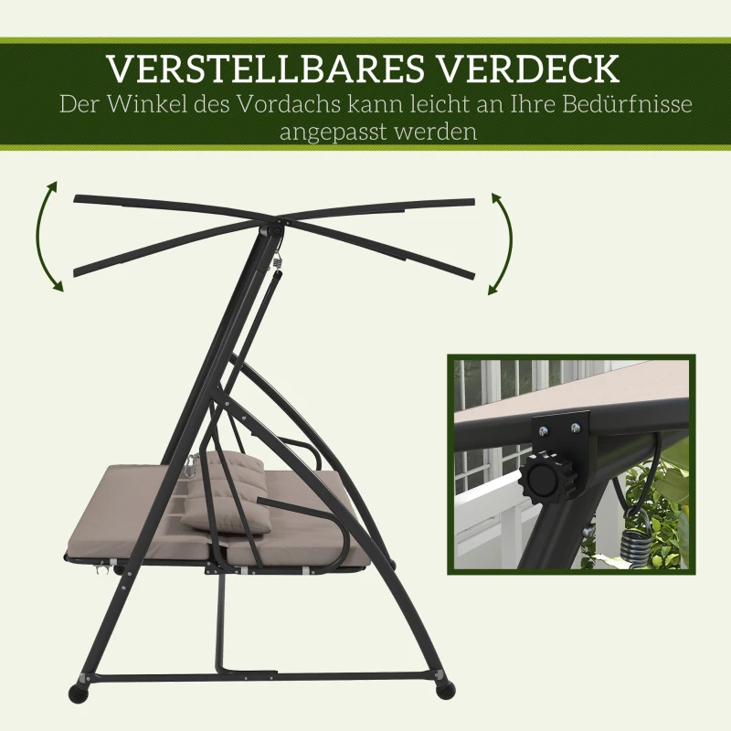 Outsunny 2 in 1 Hollywoodschaukel mit Liegefunktion, 3-Sitzer Gartenschaukel aus Stahl Schaukelbank 170x110x153cm, Hellbraun