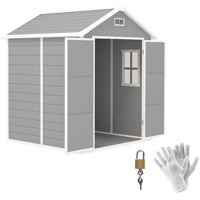 Outsunny Gartenschuppen, Geräteschuppen mit Boden, verschließbare Türen, Lüftungsöffnungen, Fenster, Holzoptik, Kunststoff, Grau(m-10)