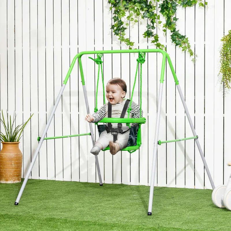 Outsunny Baloiço Infantil de Aço Baloiço para Crianças de 6-36 Meses com Encosto Alto e Arnês de Segurança 122x146x122 cm Verde
