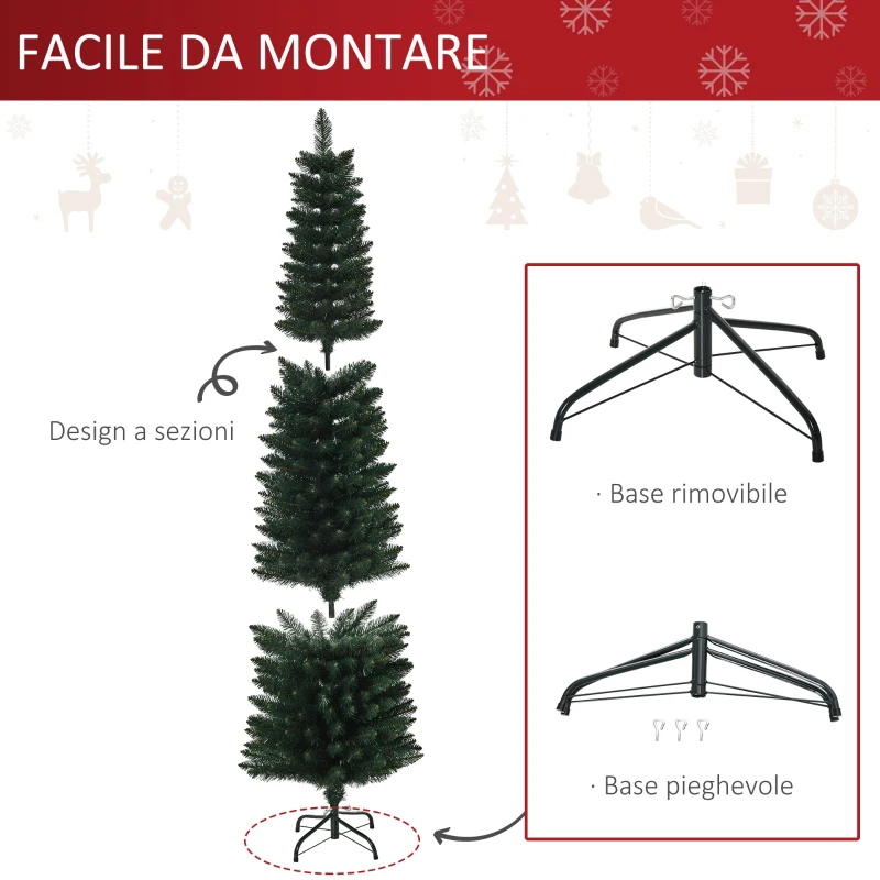 HOMCOM Albero di Natale Slim Alto 180cm con Base Pieghevole, Albero di Natale Artificiale con 380 Rami, in PVC e Metallo, Verde