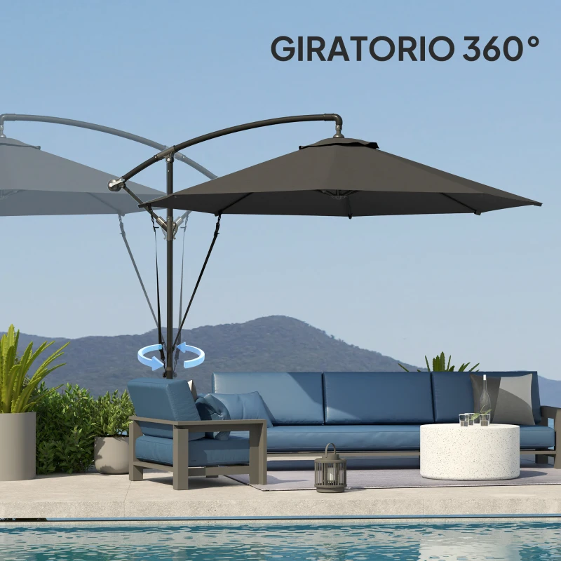 Outsunny Parasol de Jardín Excéntrico Sombrilla con Funda para Sombrilla Protección UV 50+ y Base Cruzada Ø290x243 cm Gris Oscuro