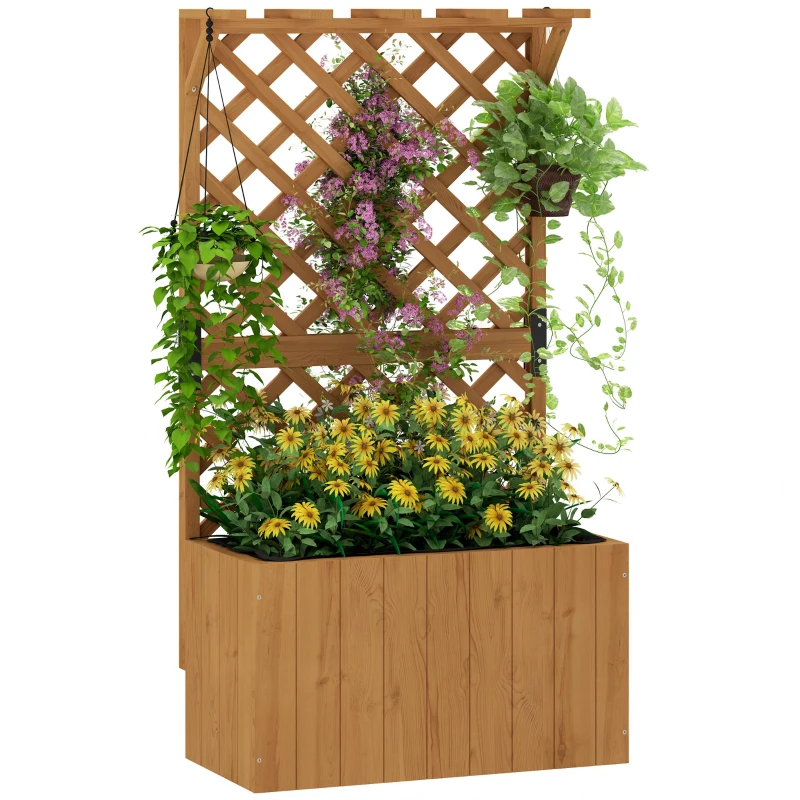 Outsunny Wooden Planter with Trellis, Freestanding Raised Garden Bed with Drainage Holes, Outdoor Planter Box with Liner for Vegetables, Herbs and Flowers, Natural