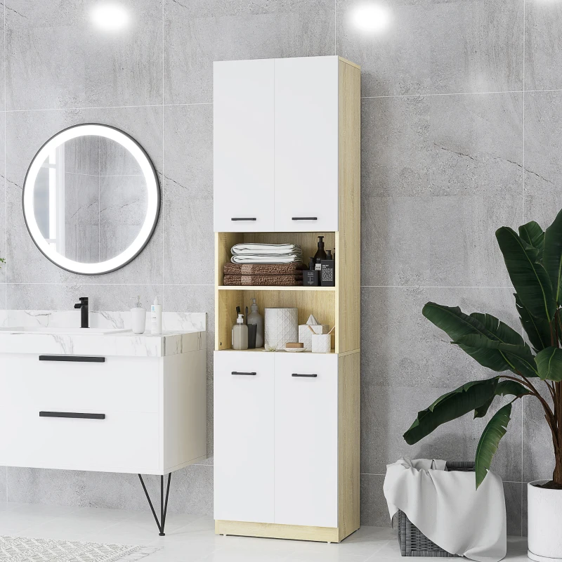 kleankin Armario Alto de Baño con 4 Puertas 2 Estantes Abiertos y Estantes Ajustables 53x33,5x195,7 cm Blanco y Roble