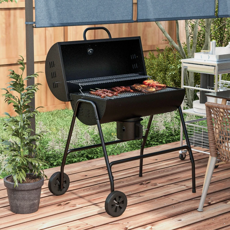 Outsunny Holzkohlegrill aus Metall BBQ Smoker mit Deckel Thermometer Räder Grillwagen 95x71,5x102 cm Schwarz