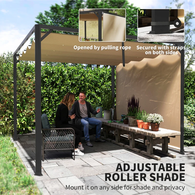 Outsunny 3 x 3m Aluminium Pergola, with Retractable Roof and Wall - Khaki