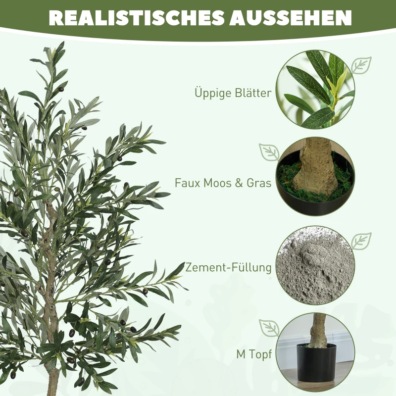 HOMCOM Sztuczna Roślina, Sztuczne Drzewo Oliwne, 180 cm, 900 Liści, 40 Owoców, Stabilna Doniczka, Dekoracyjna Roślina, Zielona