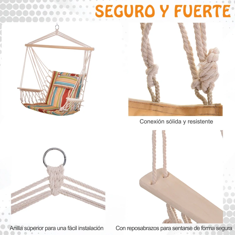 Outsunny Silla Colgante Estampado Rayas Hamaca con Cojín Reposacabezas para Interior Exterior 100x106 cm Carga Máx. 100 kg