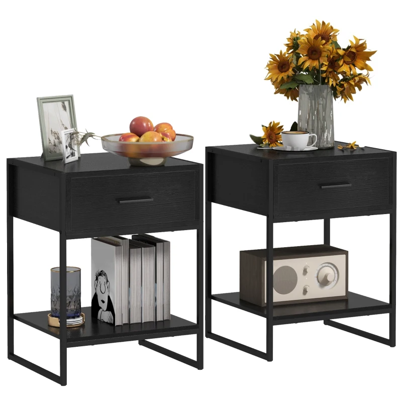 HOMCOM Conjunto de 2 Mesas de Cabeceira com 1 Gaveta e Prateleira de Armazenamento Estilo Moderno 45x40x60 cm Preto