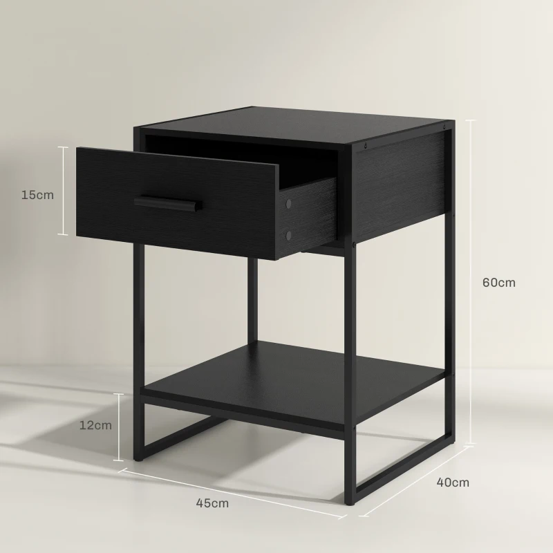 HOMCOM Conjunto de 2 Mesas de Cabeceira com 1 Gaveta e Prateleira de Armazenamento Estilo Moderno 45x40x60 cm Preto
