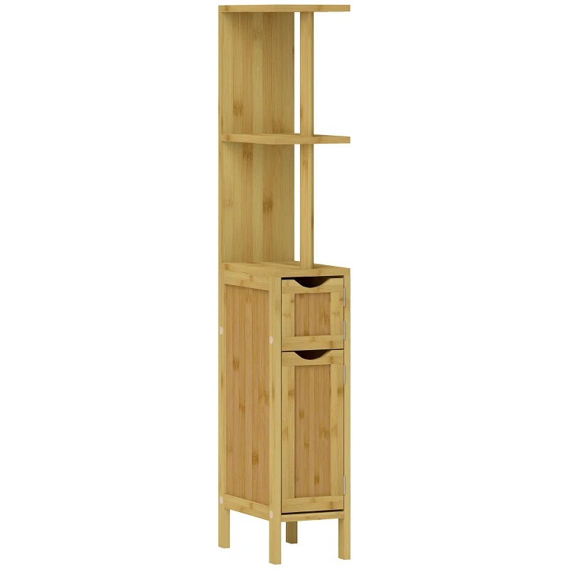HOMCOM Dulap de Baie cu Rafturi Deschise, Dulap cu Spațiu de Depozitare și Uși Magnetice, 18x30x120 cm, Lemn Natural