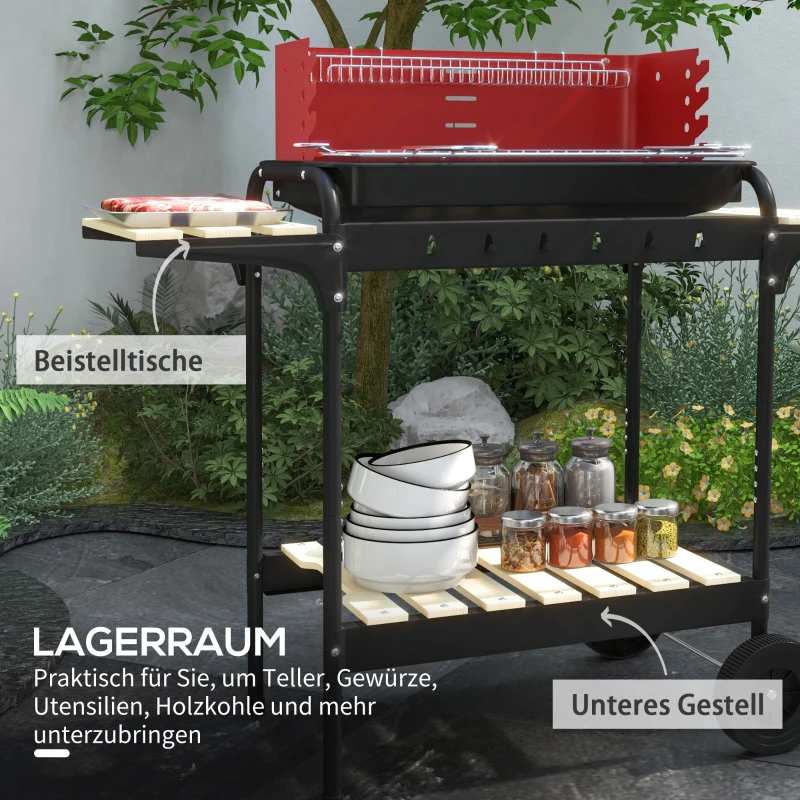 Outsunny Holzkohlegrill aus Metall BBQ Smoker mit Räder, höheverstellbar Grillrost, Holzablage 103x47x95 cm Rot