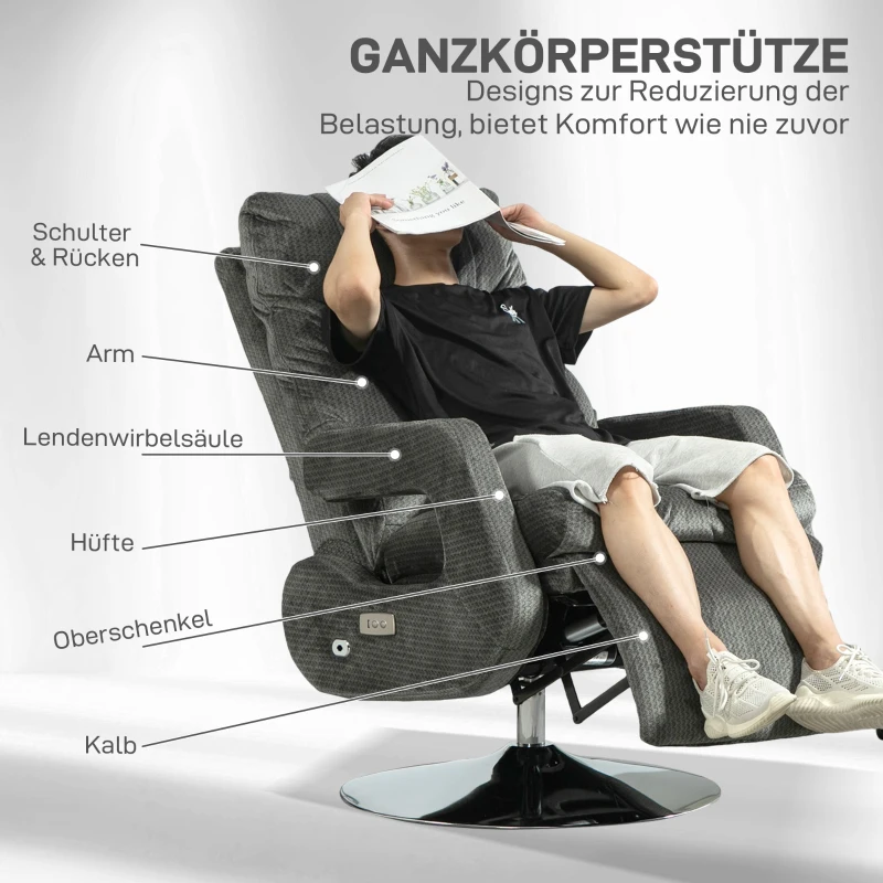 HOMCOM Recliner-Sessel, Elektrischer Polstersessel mit USB-Anschluss und Fußstütze, Samtoptik, drehbar, verstellbar, Grau(m-7)